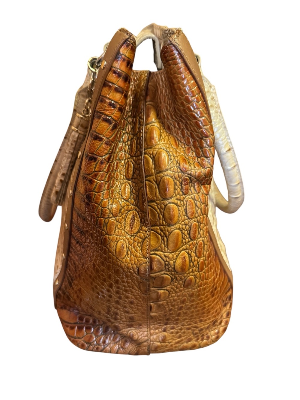 Brahmin Melbourne Croc Embossed Leather Colorblock Tote Bag Ivory Brown - Picture 5 of 7